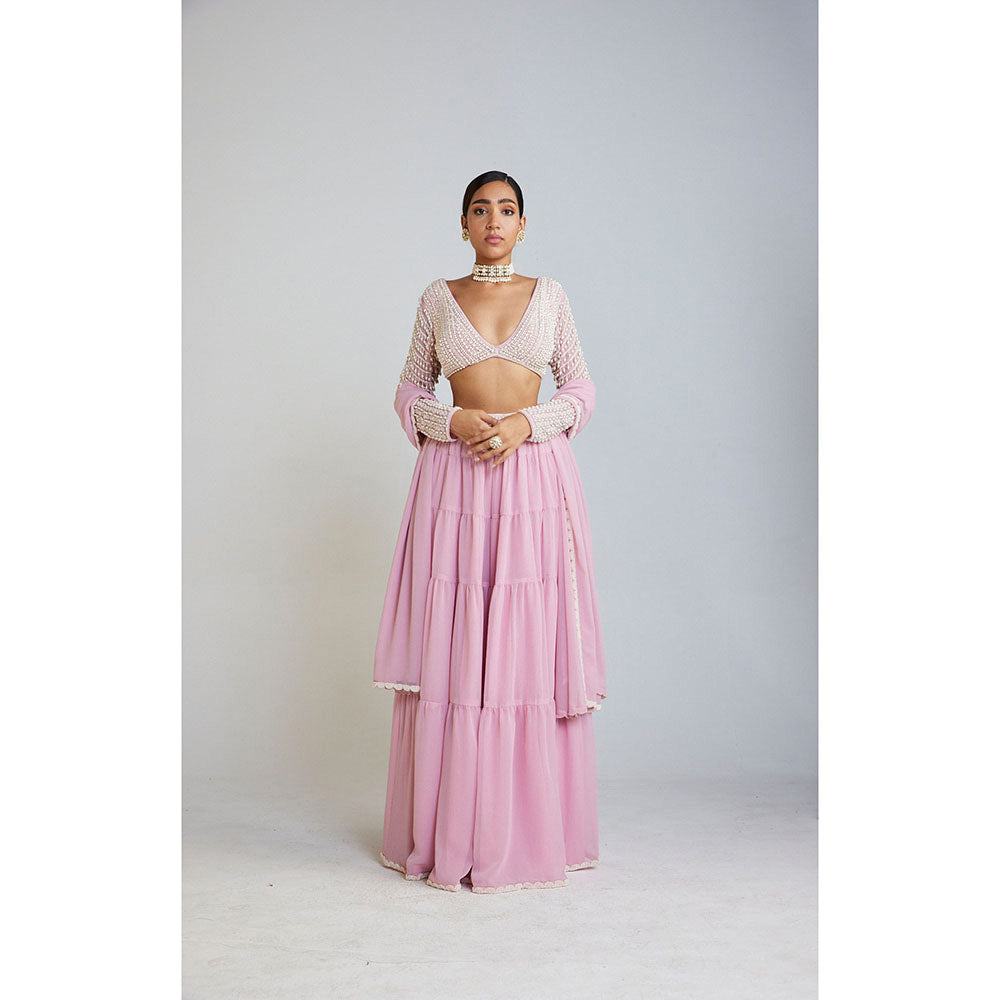 Vvani by Vani Vats Powder Pink Pearl Drop Full Sleeve Blouse with Sharara & Dupatta (Set of 3)