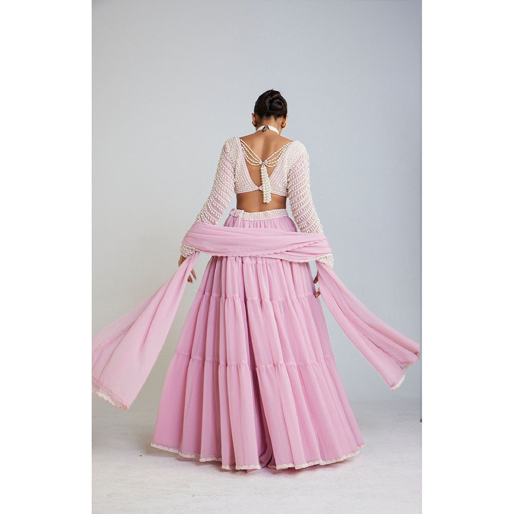 Vvani by Vani Vats Powder Pink Pearl Drop Full Sleeve Blouse with Sharara & Dupatta (Set of 3)