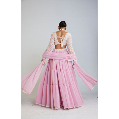 Vvani by Vani Vats Powder Pink Pearl Drop Full Sleeve Blouse with Sharara & Dupatta (Set of 3)