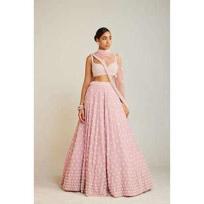 Vvani by Vani Vats Powder Pink Pearl Flower Lehenga with Pearl Blouse & Dupatta (Set of 3)