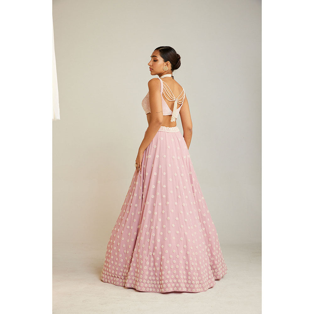 Vvani by Vani Vats Powder Pink Pearl Flower Lehenga with Pearl Blouse & Dupatta (Set of 3)