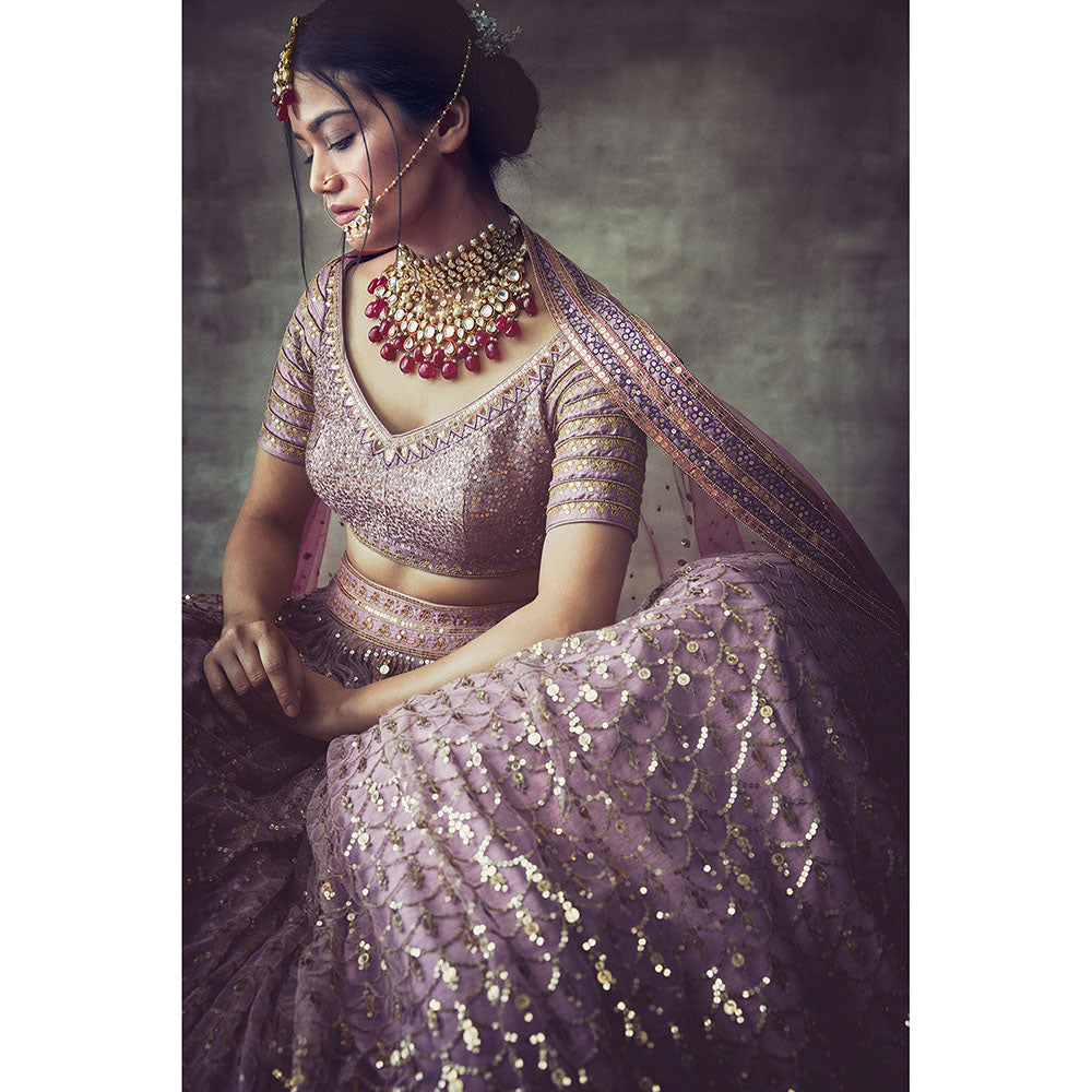 Vvani by Vani Vats Lavender Scallop Blouse with Lehenga & Dupatta (Set of 3)