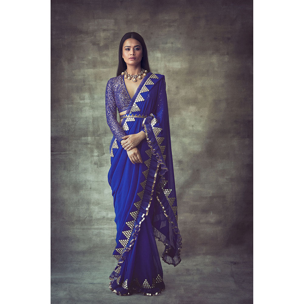 Vvani by Vani Vats Blue Mirror Border Frill Saree with Stitched Blouse and Belt