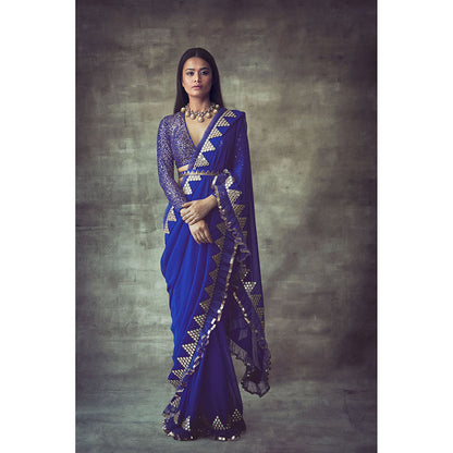 Vvani by Vani Vats Blue Mirror Border Frill Saree with Stitched Blouse and Belt