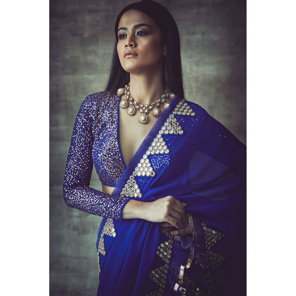 Vvani by Vani Vats Blue Mirror Border Frill Saree with Stitched Blouse and Belt
