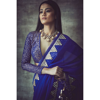 Vvani by Vani Vats Blue Mirror Border Frill Saree with Stitched Blouse and Belt