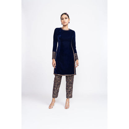 Vvani by Vani Vats Navy Blue Velvet Kurta & Pant (Set of 2)