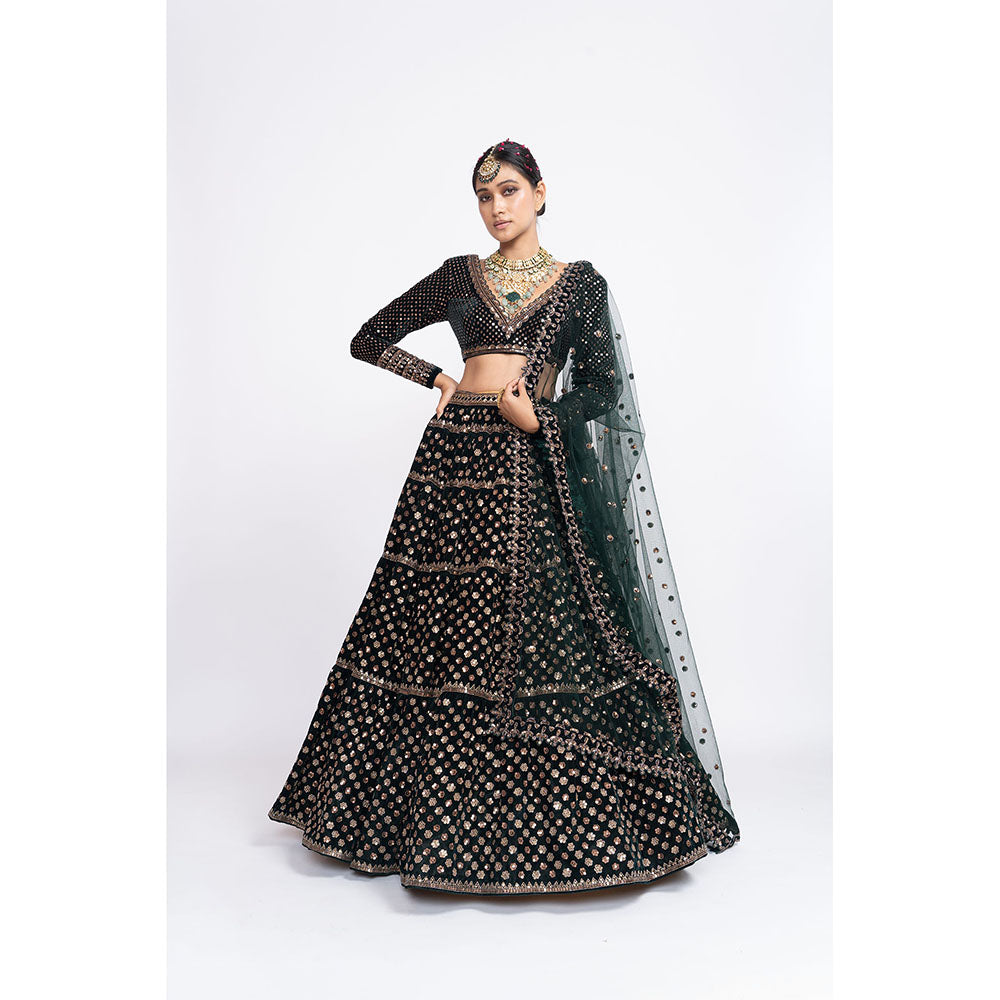 Vvani by Vani Vats Deep Green Floral Blouse with Lehenga & Dupatta (Set of 3)