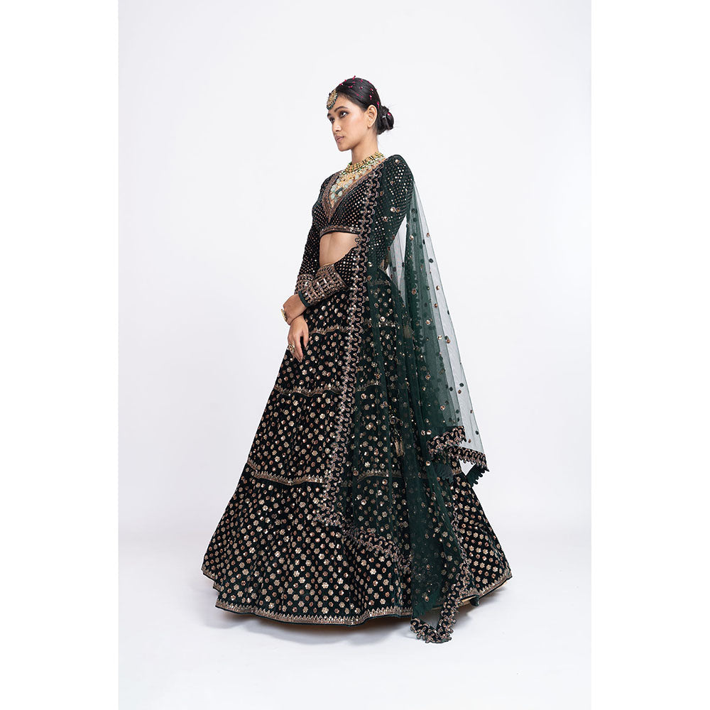 Vvani by Vani Vats Deep Green Floral Blouse with Lehenga & Dupatta (Set of 3)
