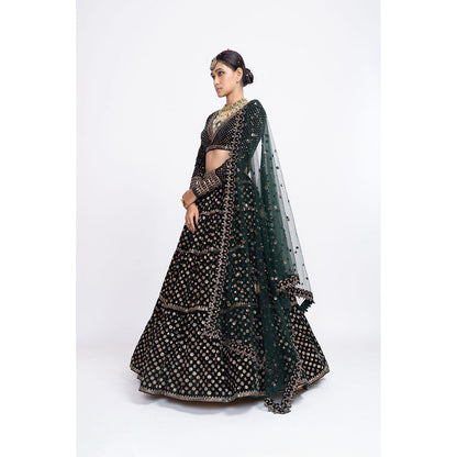 Vvani by Vani Vats Deep Green Floral Blouse with Lehenga & Dupatta (Set of 3)