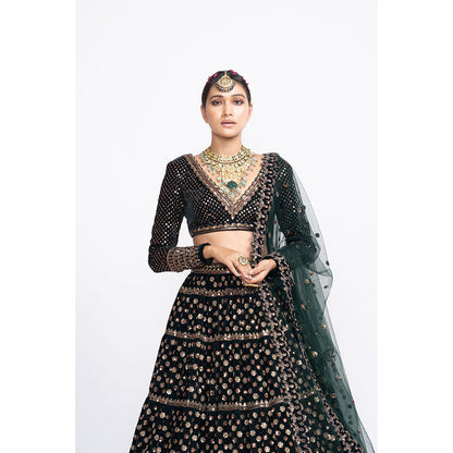 Vvani by Vani Vats Deep Green Floral Blouse with Lehenga & Dupatta (Set of 3)
