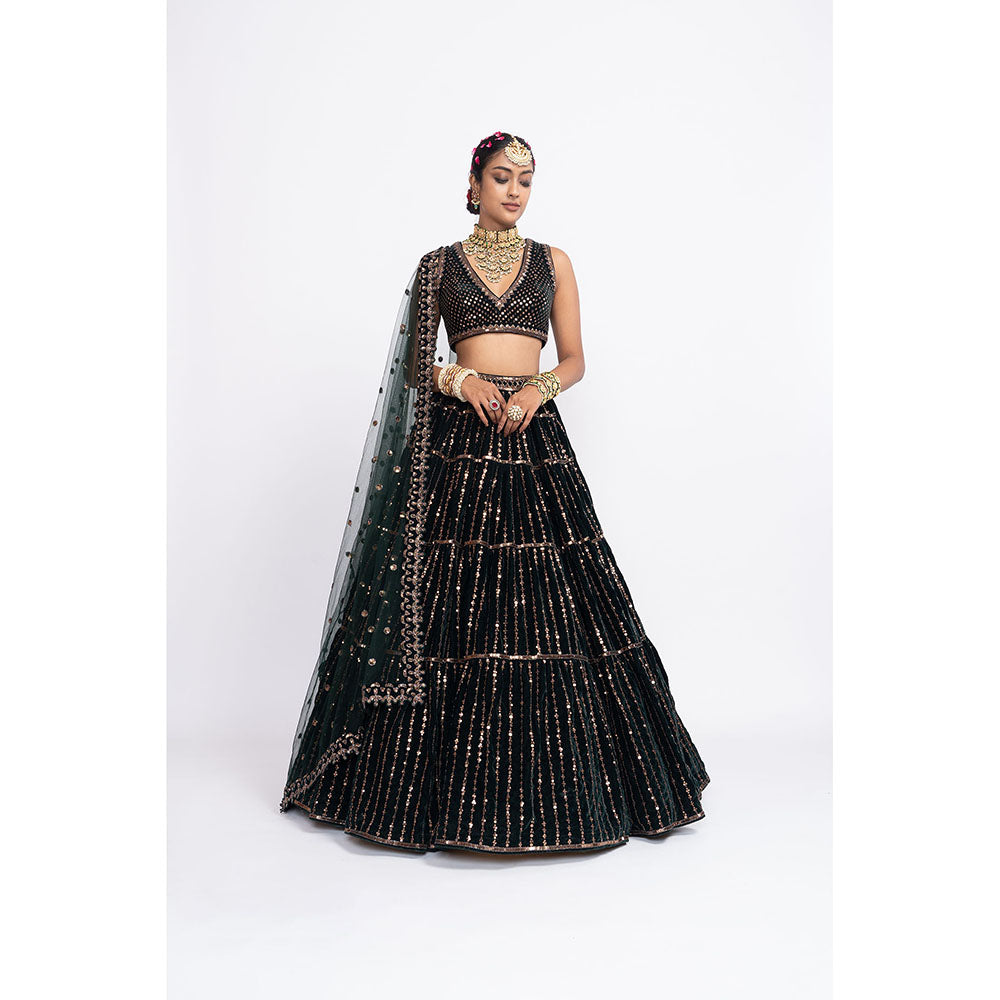Vvani by Vani Vats Deep Green Full Tier Blouse with Lehenga & Dupatta (Set of 3)