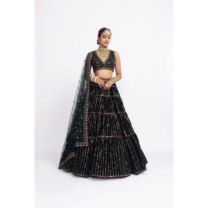 Vvani by Vani Vats Deep Green Full Tier Blouse with Lehenga & Dupatta (Set of 3)