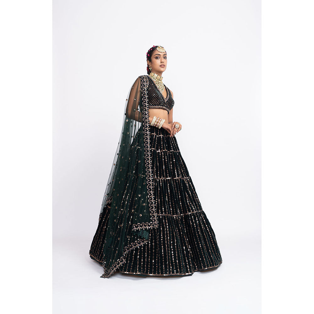 Vvani by Vani Vats Deep Green Full Tier Blouse with Lehenga & Dupatta (Set of 3)