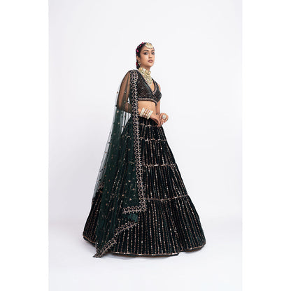 Vvani by Vani Vats Deep Green Full Tier Blouse with Lehenga & Dupatta (Set of 3)