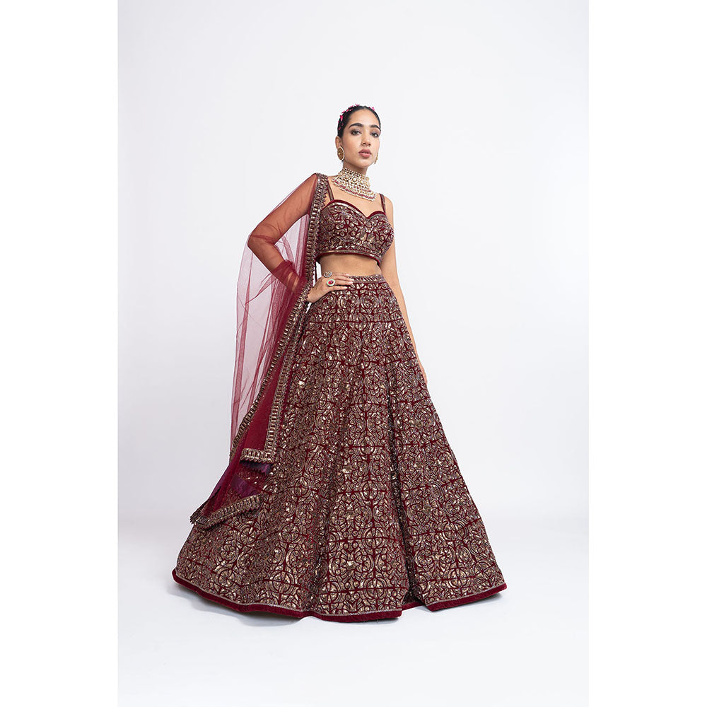 Vvani by Vani Vats Maroon Fully Embroidered Corset Blouse with Lehenga & Dupatta (Set of 3)
