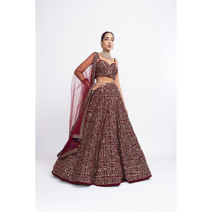 Vvani by Vani Vats Maroon Fully Embroidered Corset Blouse with Lehenga & Dupatta (Set of 3)