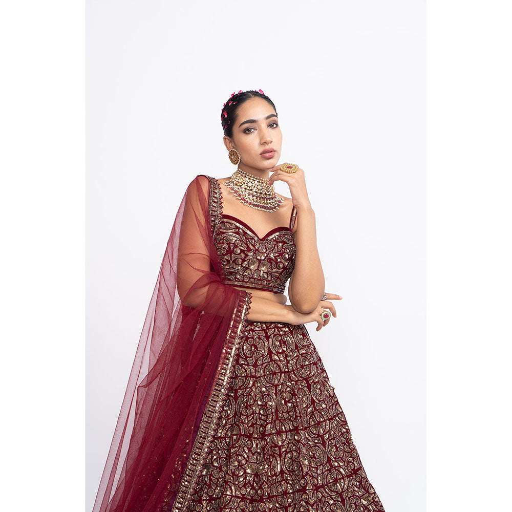 Vvani by Vani Vats Maroon Fully Embroidered Corset Blouse with Lehenga & Dupatta (Set of 3)