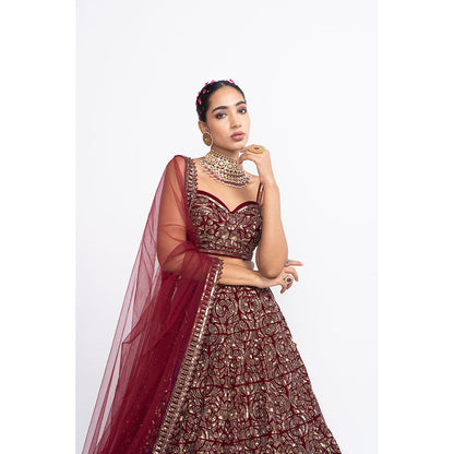Vvani by Vani Vats Maroon Fully Embroidered Corset Blouse with Lehenga & Dupatta (Set of 3)