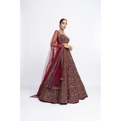 Vvani by Vani Vats Maroon Fully Embroidered Corset Blouse with Lehenga & Dupatta (Set of 3)