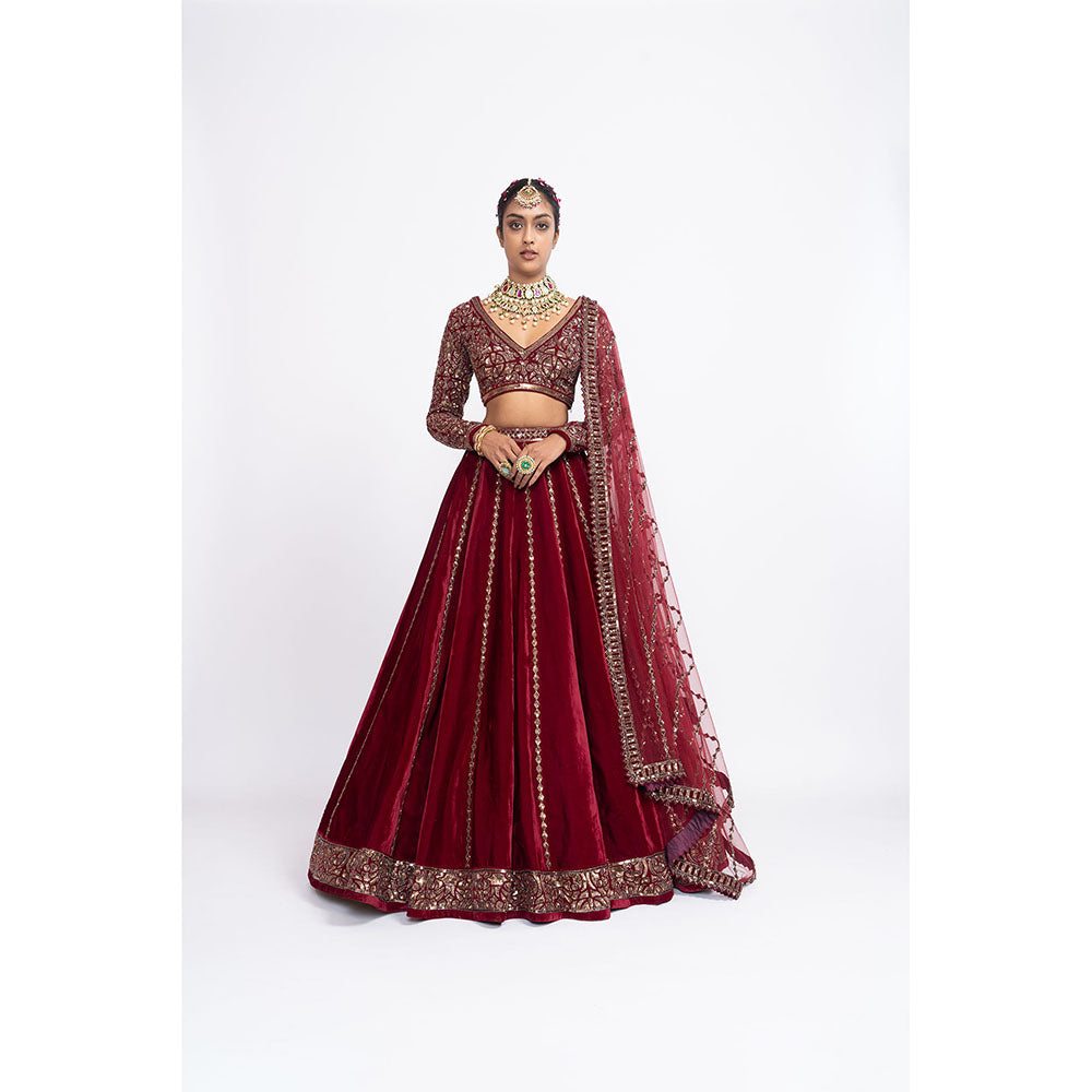 Vvani by Vani Vats Maroon Blouse with Lehenga & Dupatta (Set of 3)