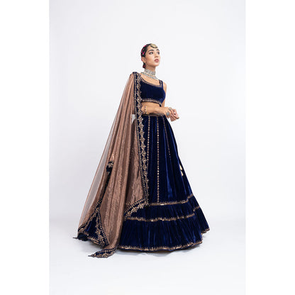 Vvani by Vani Vats Navy Blue Double Tier Blouse with Lehenga & Dupatta (Set of 3)