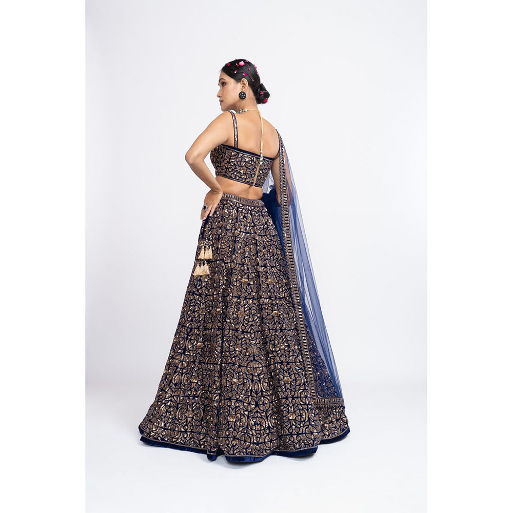 Vvani by Vani Vats Navy Blue Fully Embellished Corset Blouse with Lehenga & Dupatta (Set of 3)