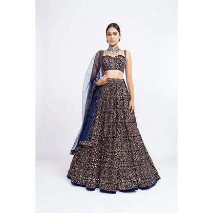 Vvani by Vani Vats Navy Blue Fully Embellished Corset Blouse with Lehenga & Dupatta (Set of 3)