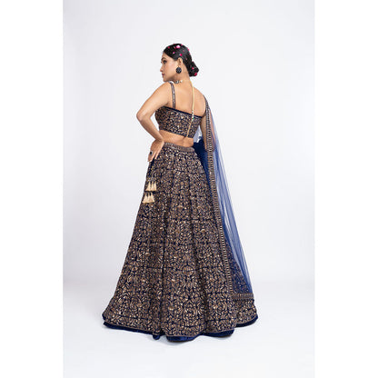 Vvani by Vani Vats Navy Blue Fully Embellished Corset Blouse with Lehenga & Dupatta (Set of 3)