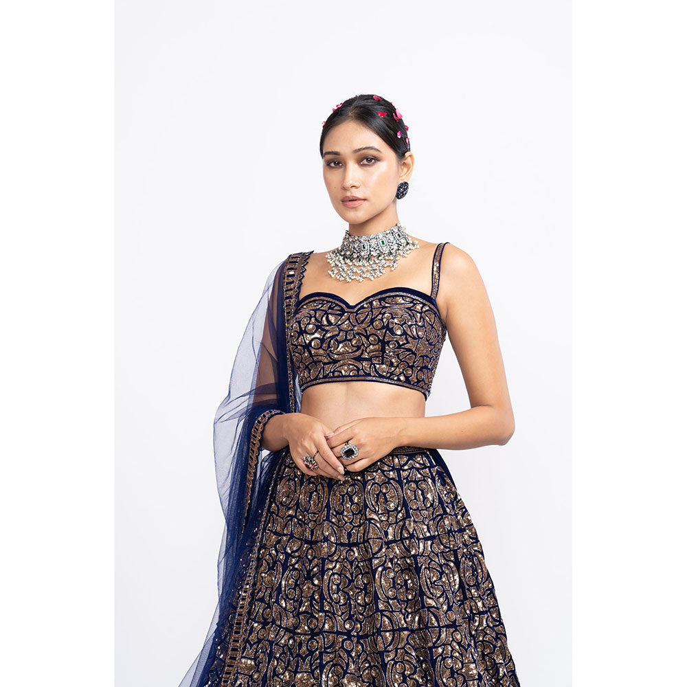 Vvani by Vani Vats Navy Blue Fully Embellished Corset Blouse with Lehenga & Dupatta (Set of 3)