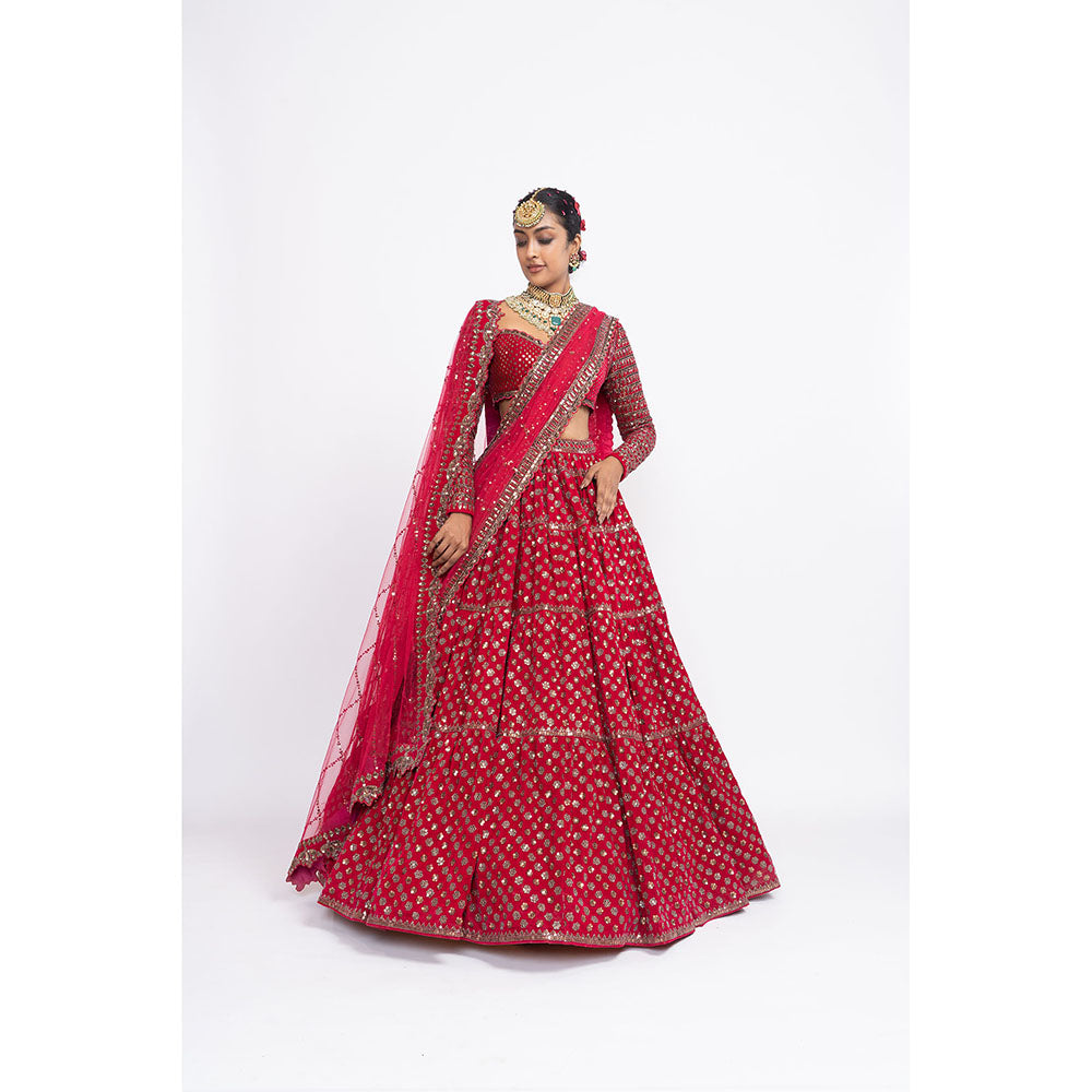 Vvani by Vani Vats Red Floral Blouse with Lehenga & Dupatta (Set of 3)