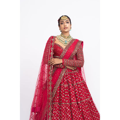 Vvani by Vani Vats Red Floral Blouse with Lehenga & Dupatta (Set of 3)