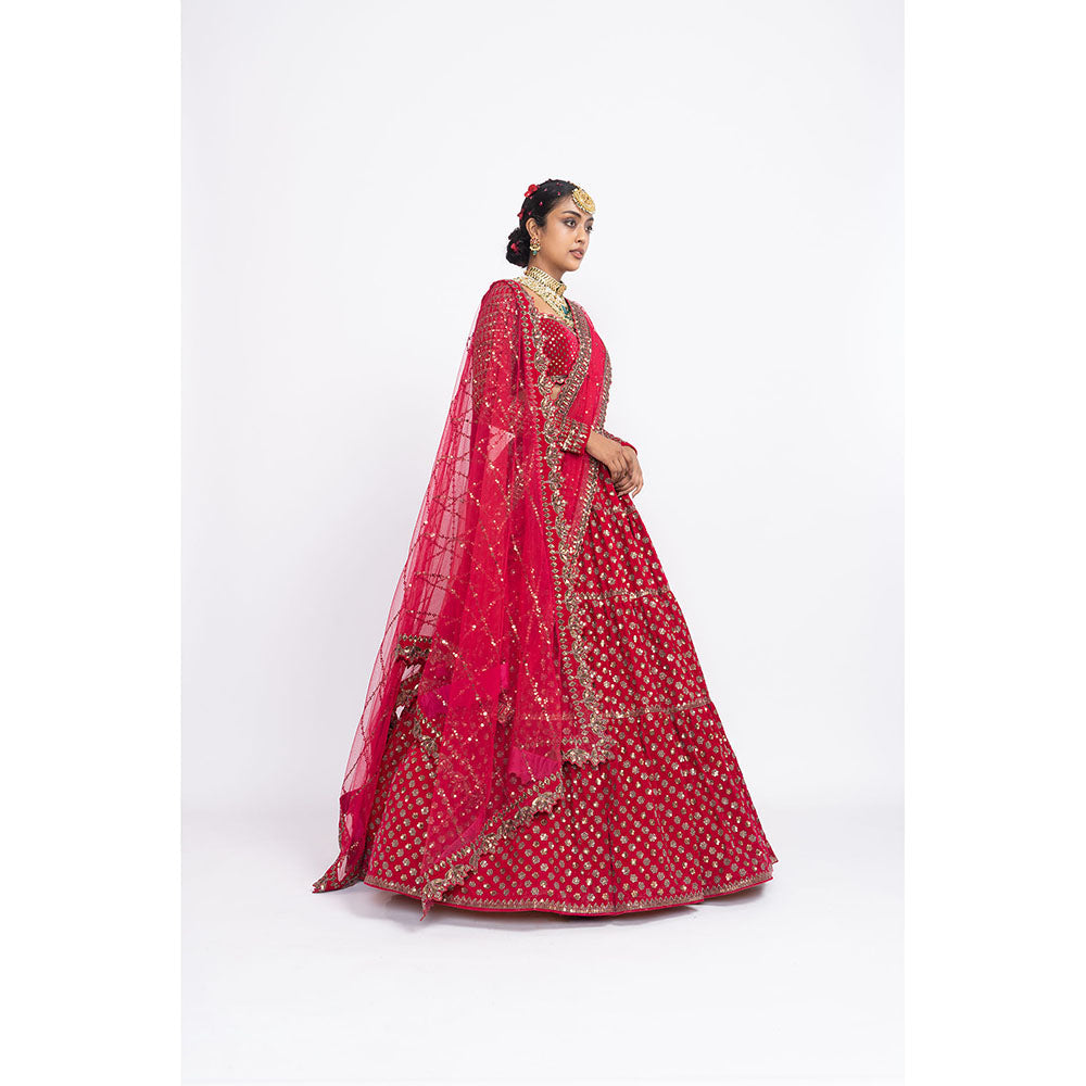 Vvani by Vani Vats Red Floral Blouse with Lehenga & Dupatta (Set of 3)