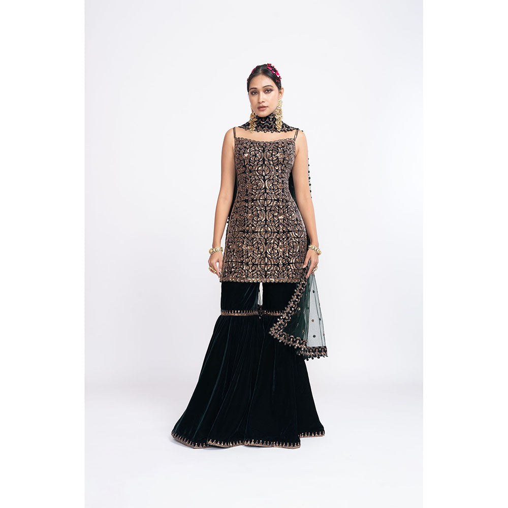 Vvani by Vani Vats Deep Green Kurti with Sharara & Dupatta (Set of 3)
