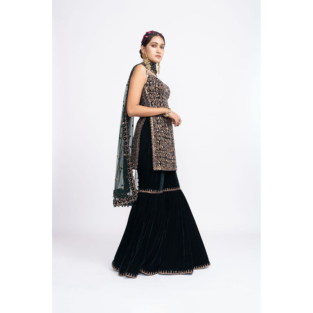 Vvani by Vani Vats Deep Green Kurti with Sharara & Dupatta (Set of 3)