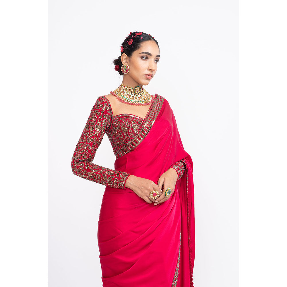 Vvani by Vani Vats Red Sarin Saree & Stitched Blouse
