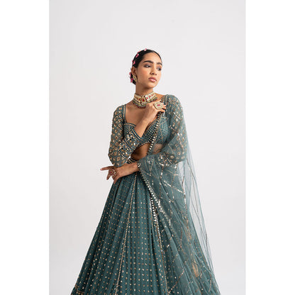Vvani by Vani Vats Mud Green Single Tier Blouse with Lehenga & Dupatta (Set of 3)