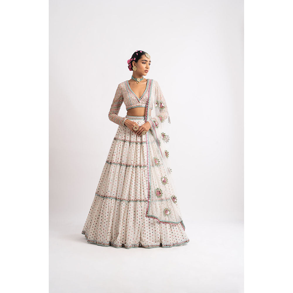Vvani by Vani Vats White Multi Tier Blouse with Lehenga & Dupatta (Set of 3)
