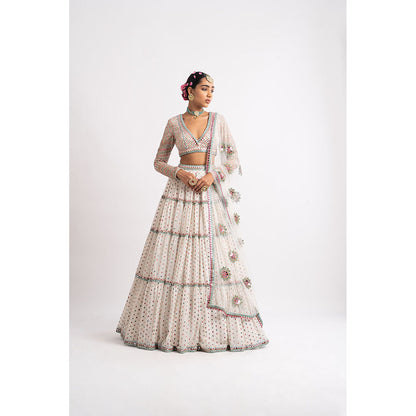 Vvani by Vani Vats White Multi Tier Blouse with Lehenga & Dupatta (Set of 3)