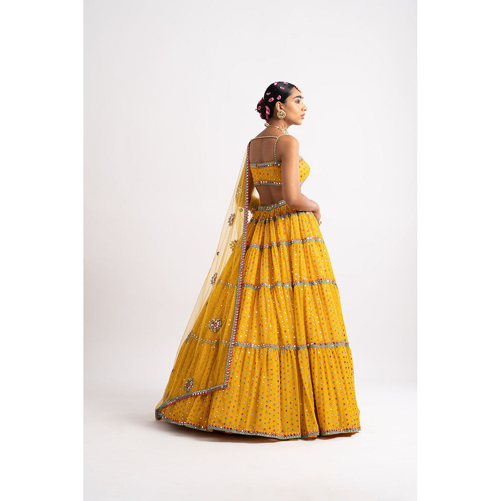 Vvani by Vani Vats Mustard Noodle Strap Multi Tier Blouse with Lehenga & Dupatta (Set of 3)