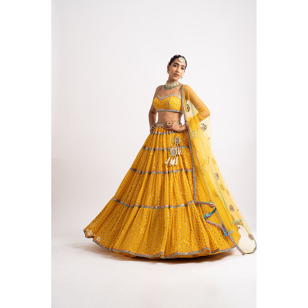 Vvani by Vani Vats Mustard Noodle Strap Multi Tier Blouse with Lehenga & Dupatta (Set of 3)