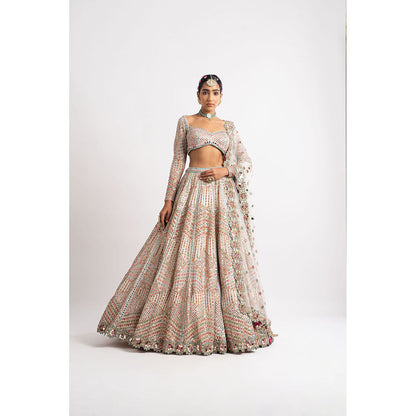 Vvani by Vani Vats White Heavy Multi Geo Color Blouse with Lehenga & Dupatta (Set of 3)