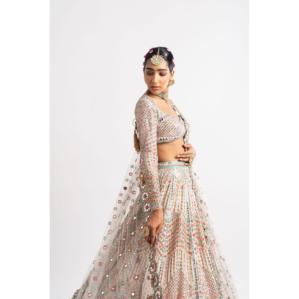 Vvani by Vani Vats White Heavy Multi Geo Color Blouse with Lehenga & Dupatta (Set of 3)