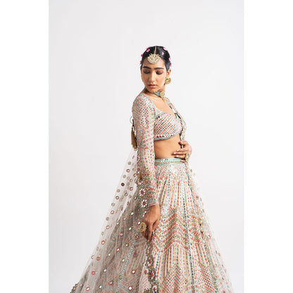 Vvani by Vani Vats White Heavy Multi Geo Color Blouse with Lehenga & Dupatta (Set of 3)