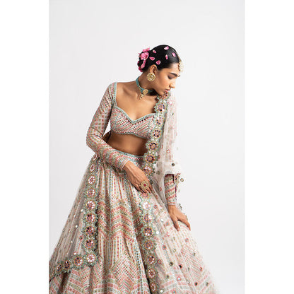 Vvani by Vani Vats White Heavy Multi Geo Color Blouse with Lehenga & Dupatta (Set of 3)