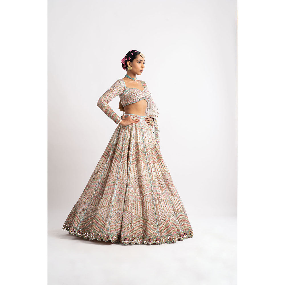 Vvani by Vani Vats White Heavy Multi Geo Color Blouse with Lehenga & Dupatta (Set of 3)