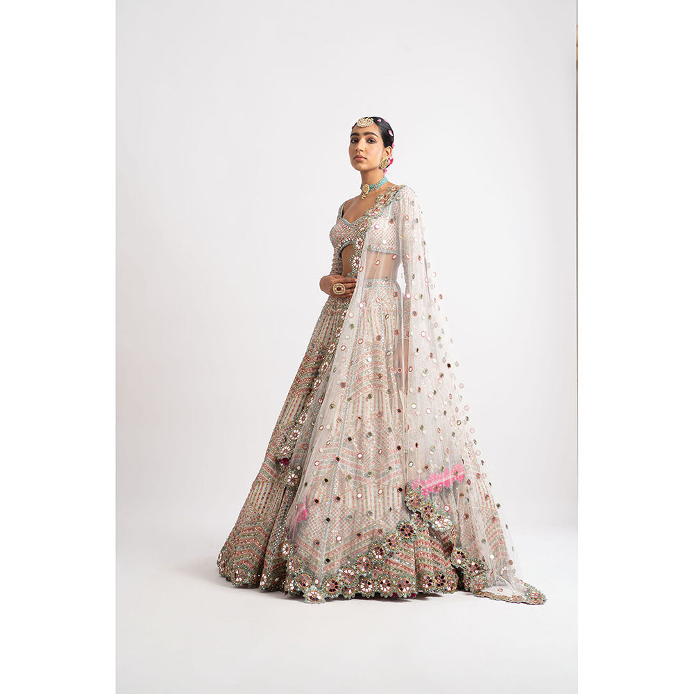 Vvani by Vani Vats White Heavy Multi Geo Color Blouse with Lehenga & Dupatta (Set of 3)