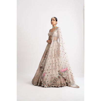 Vvani by Vani Vats White Heavy Multi Geo Color Blouse with Lehenga & Dupatta (Set of 3)