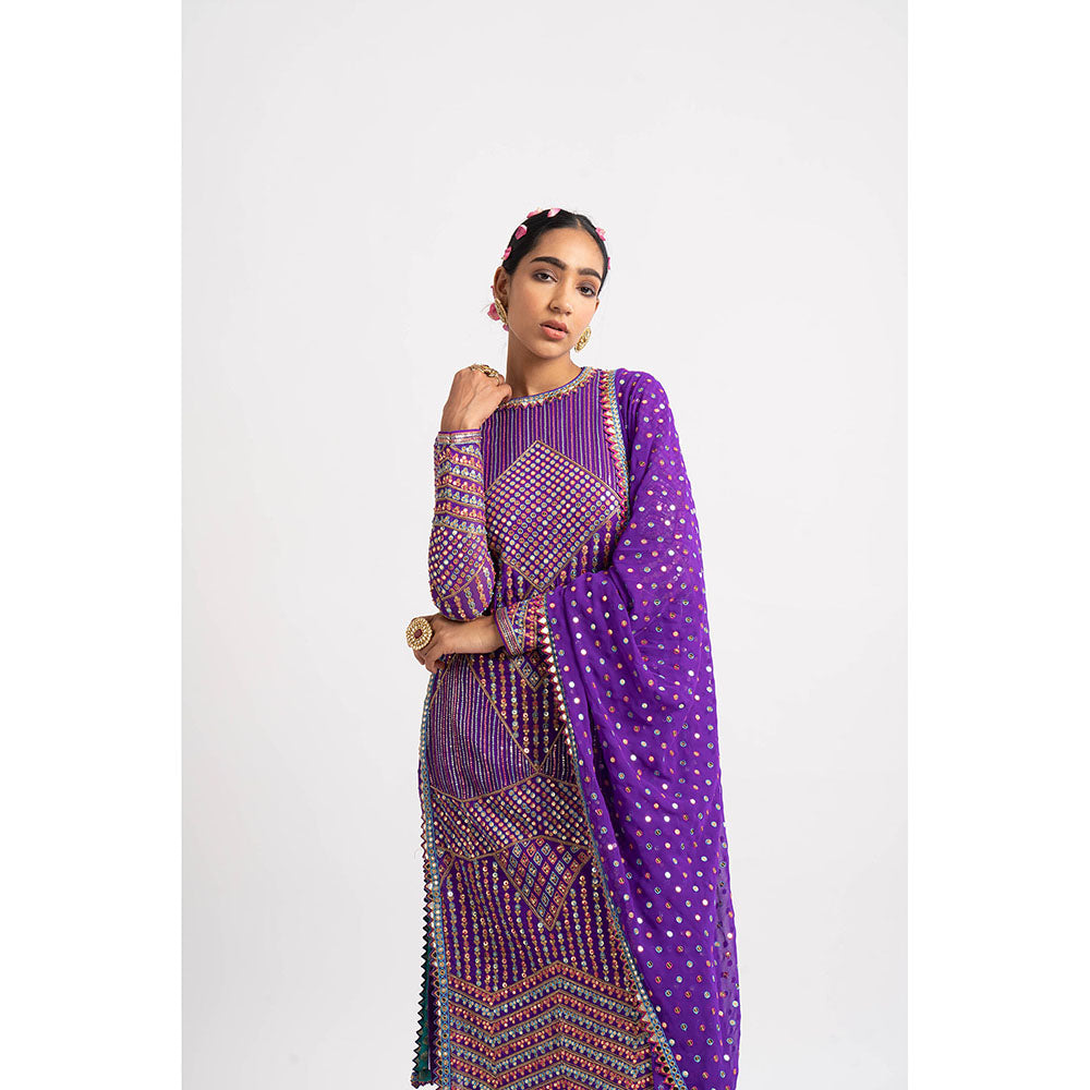 Vvani by Vani Vats Purple Multi Embroidery Round Neck Kurta & Pant with Dupatta (Set of 3)