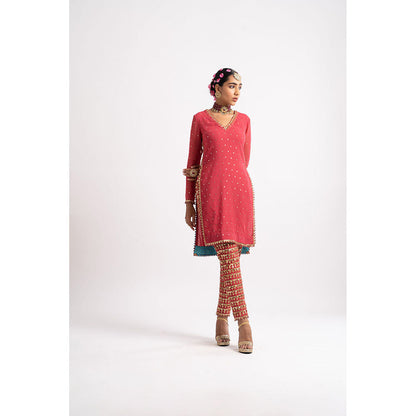 Vvani by Vani Vats Deep Coral V Neck Heavy Kurta & Pant (Set of 2)